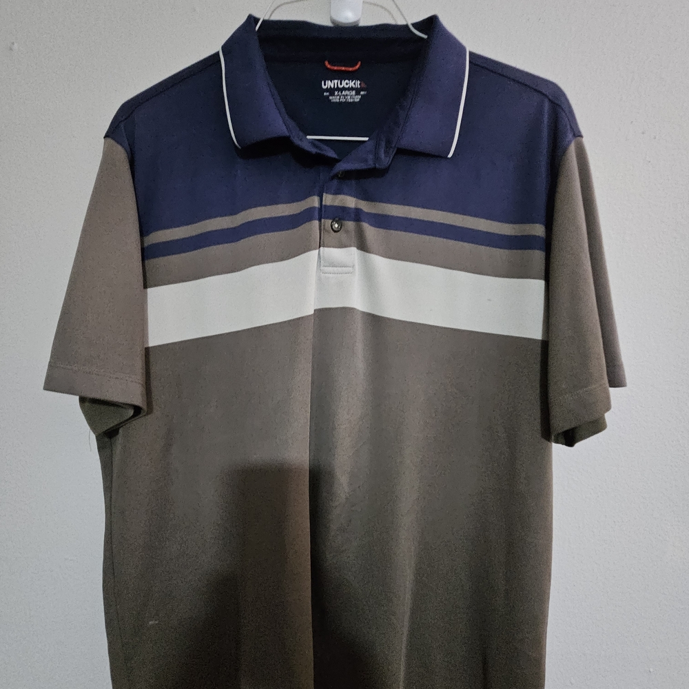 UNTUCKit Men's Navy, Brown & White Striped Polo